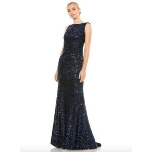 MAC DUGGAL Dress Size 2 Evening Gown Sequin Navy Blue Cowl Back NEW